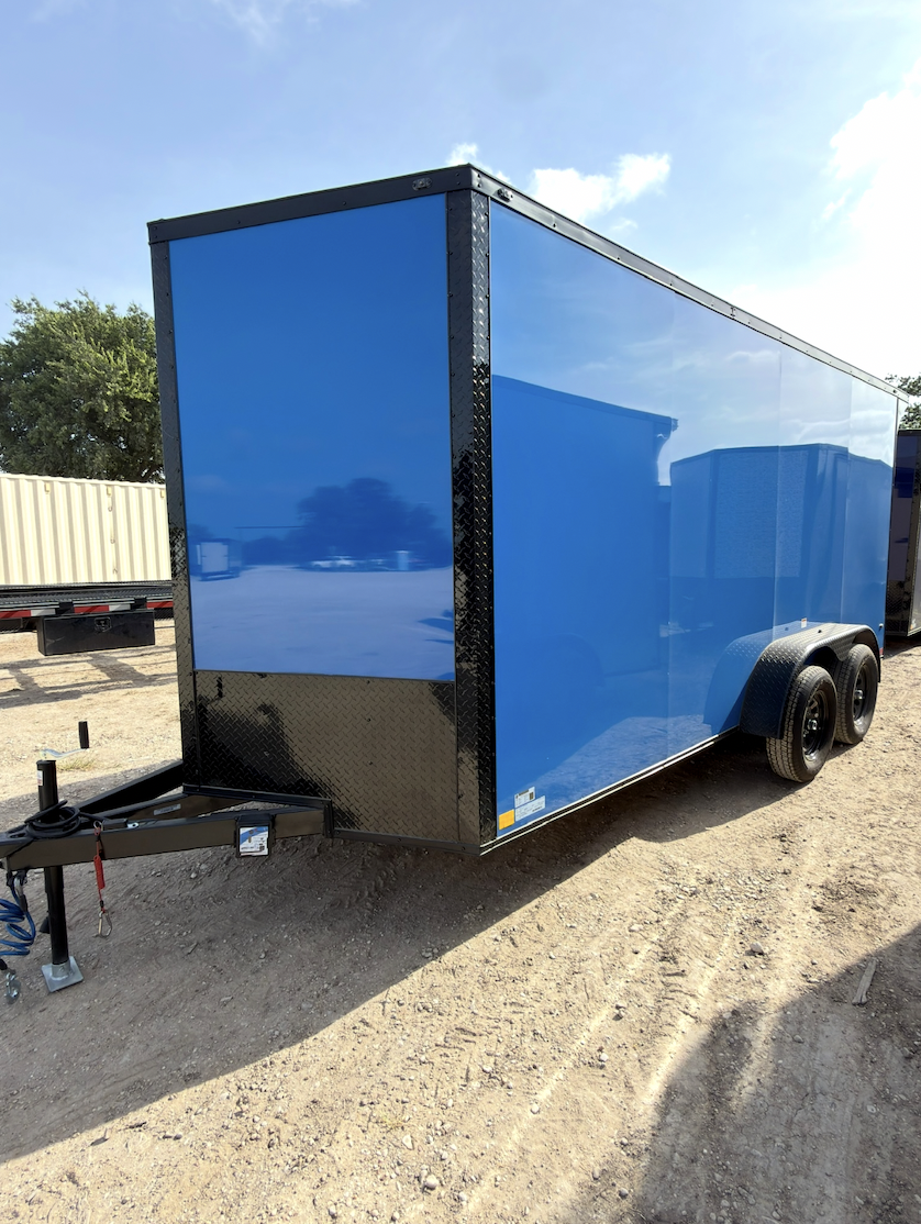 2027 Sawyer 7'x16'x7' True Blue / Black Trim Spoiler enclosed trailer for rent in Midland, TX